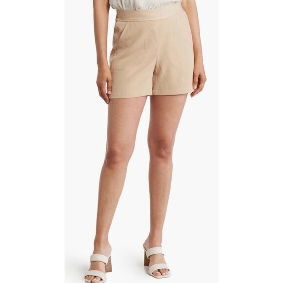 Max Studio Shorts Tan Elastic Waistband Paper L Large Chino EUC - Picture 1 of 6